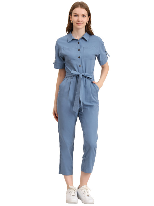 Women's Short Sleeve Collared Cropped Coverall  Button Down Tie Waist Cotton Cargo Jumpsuit