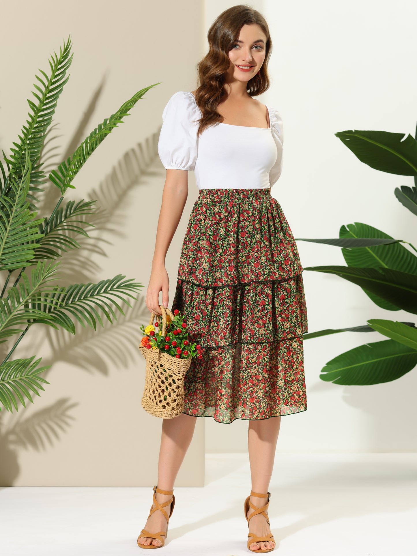 Falda midi de cintura alta con volantes y estampado floral para mujer
