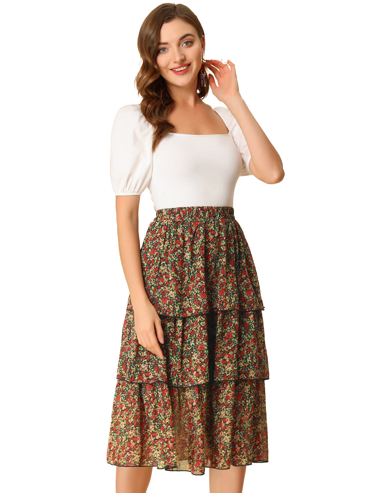 Falda midi de cintura alta con volantes y estampado floral para mujer