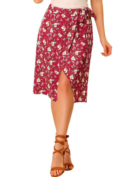 Falda cruzada con lazo en la cintura y estampado floral de verano para mujer