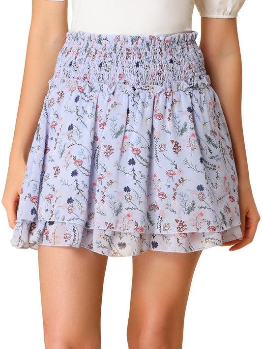 Falda mini de gasa con vuelo, fruncida, floral y con capas en forma de A para mujer