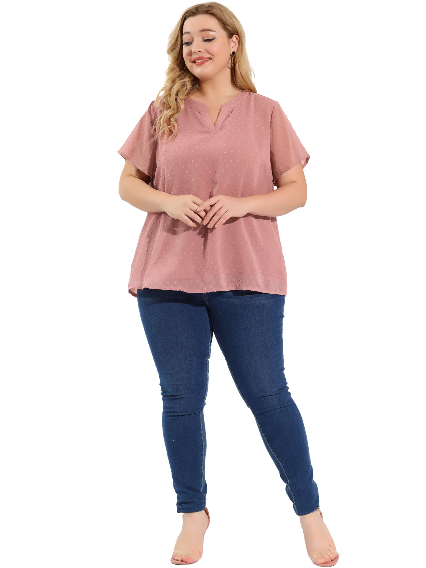 Women Plus Size Summer Top Swiss Dots Notched Neck Short Sleeve Blouse