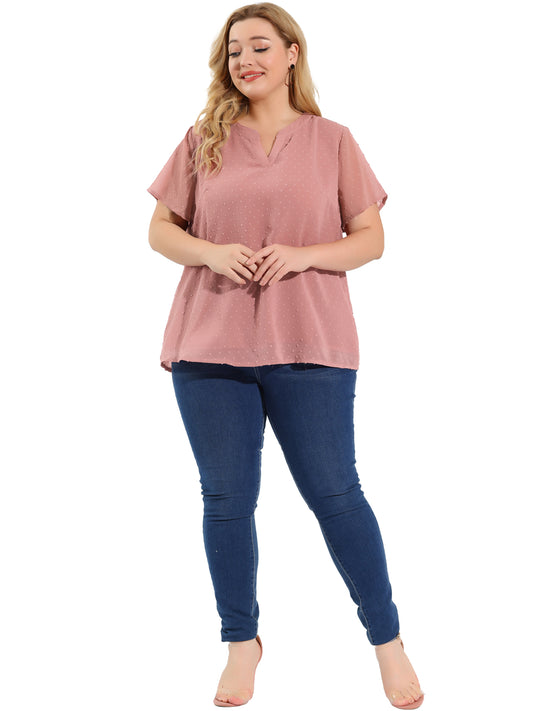 Women Plus Size Summer Top Swiss Dots Notched Neck Short Sleeve Blouse