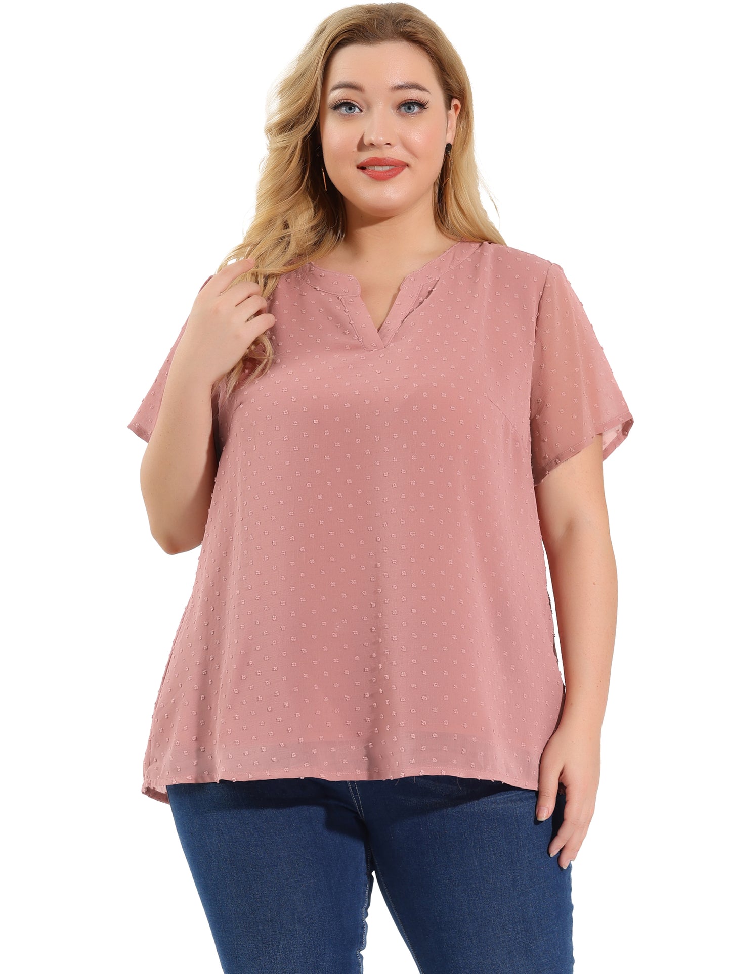 Women Plus Size Summer Top Swiss Dots Notched Neck Short Sleeve Blouse