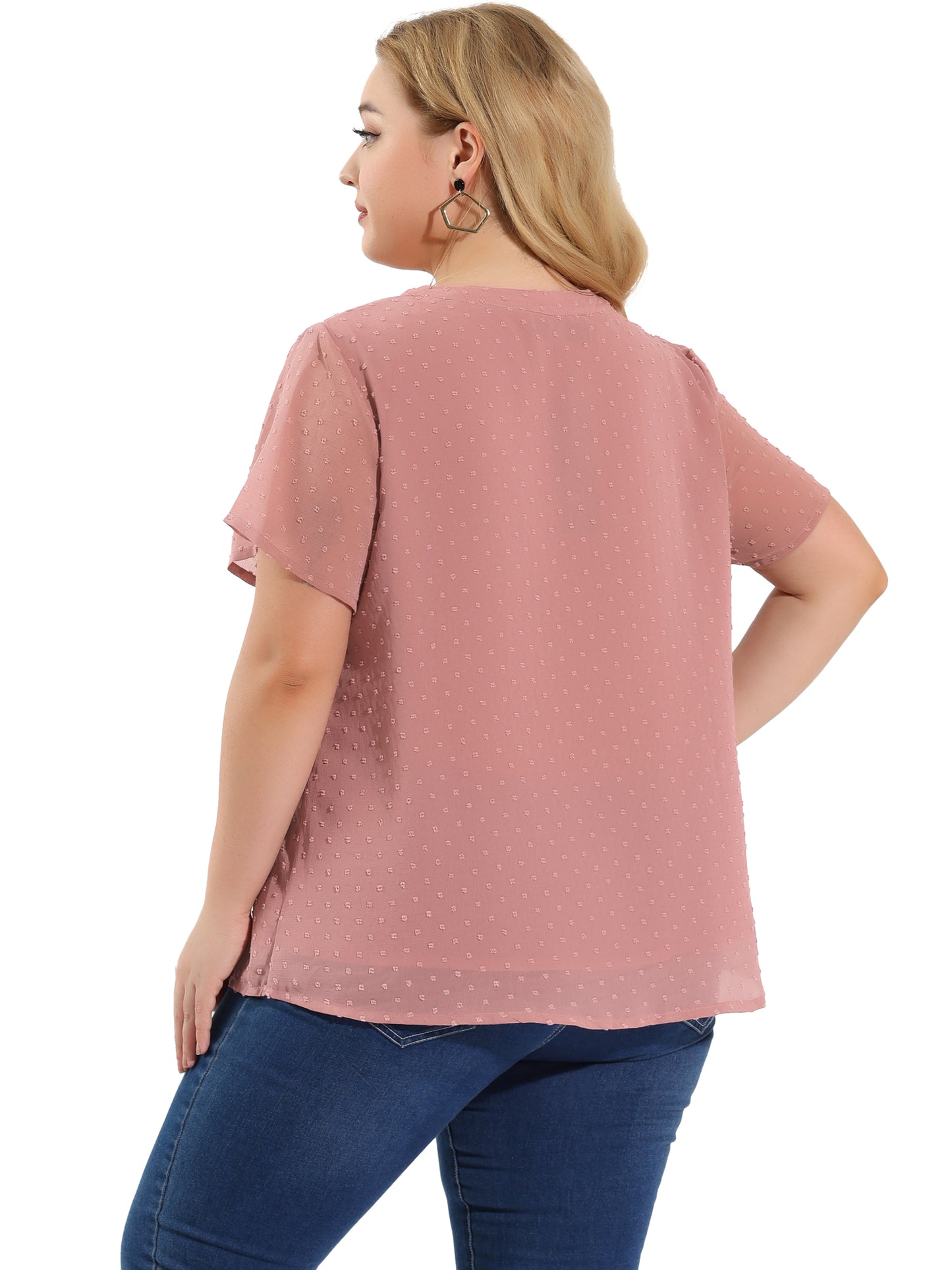 Women Plus Size Summer Top Swiss Dots Notched Neck Short Sleeve Blouse