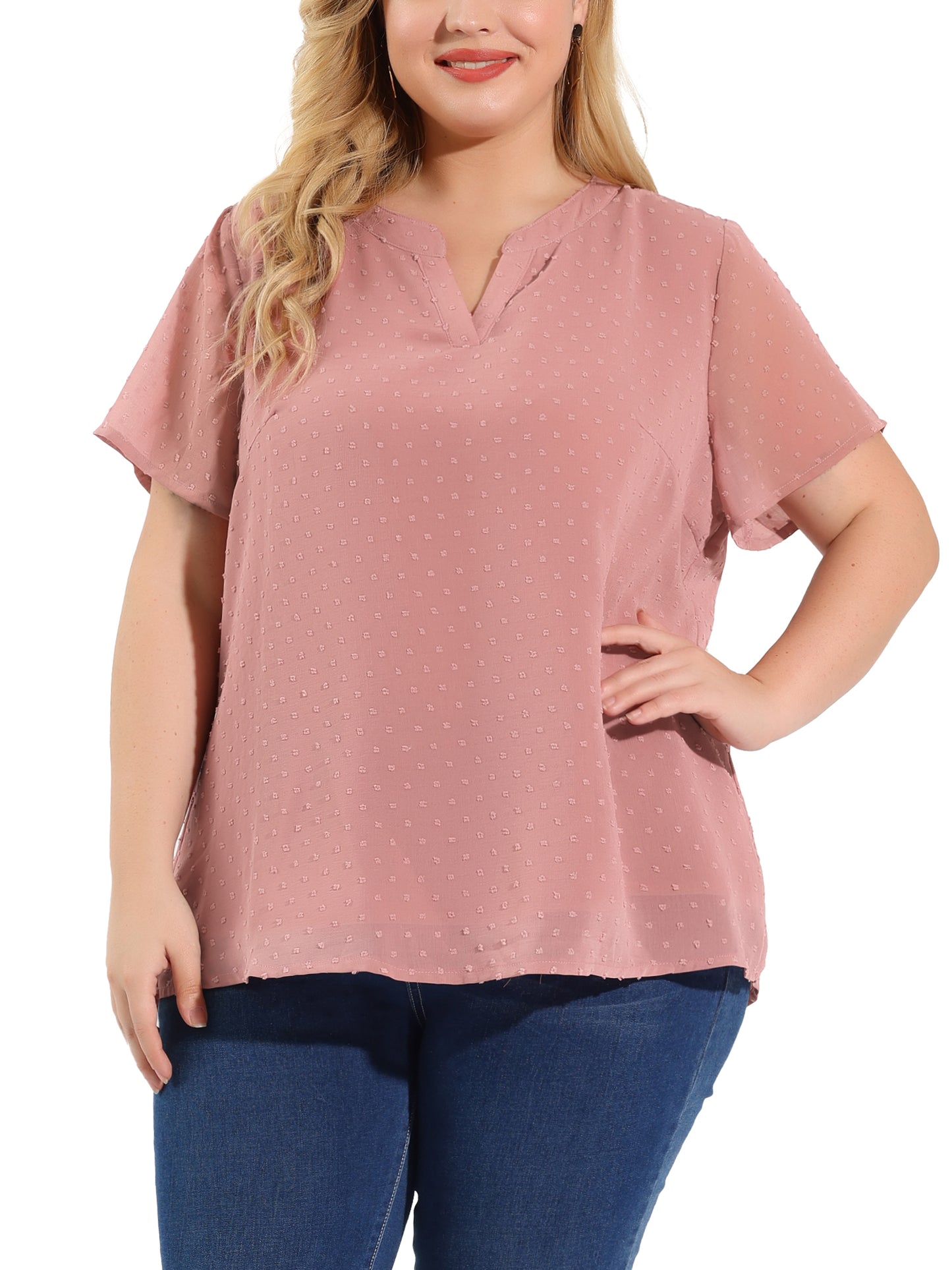 Women Plus Size Summer Top Swiss Dots Notched Neck Short Sleeve Blouse