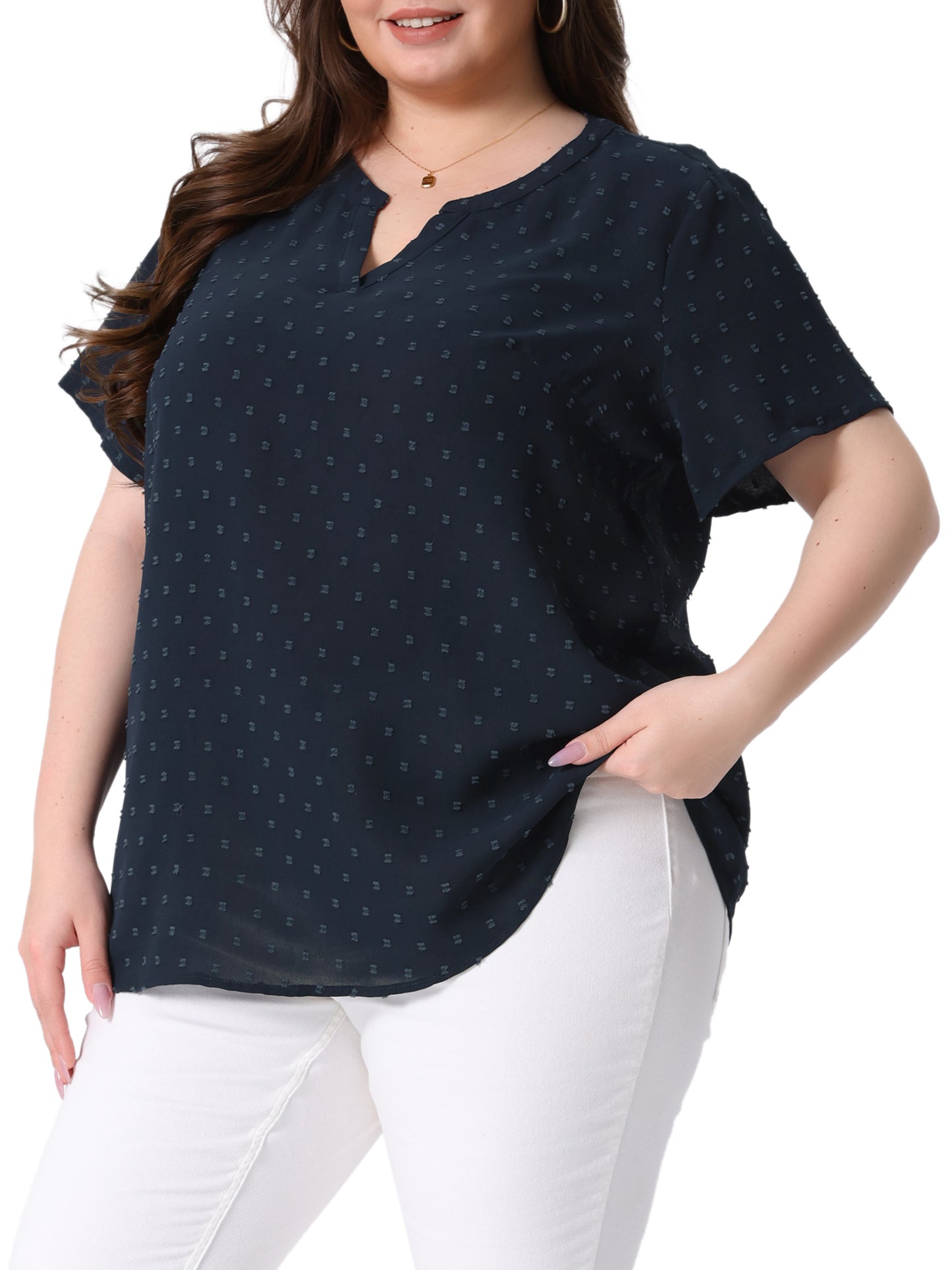 Women Plus Size Summer Top Swiss Dots Notched Neck Short Sleeve Blouse