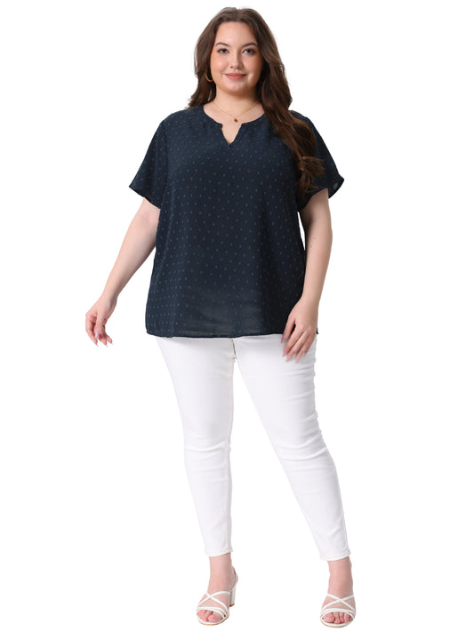 Women Plus Size Summer Top Swiss Dots Notched Neck Short Sleeve Blouse