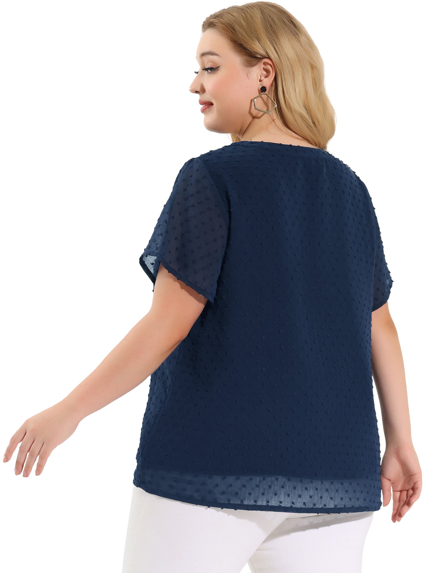 Women Plus Size Summer Top Swiss Dots Notched Neck Short Sleeve Blouse