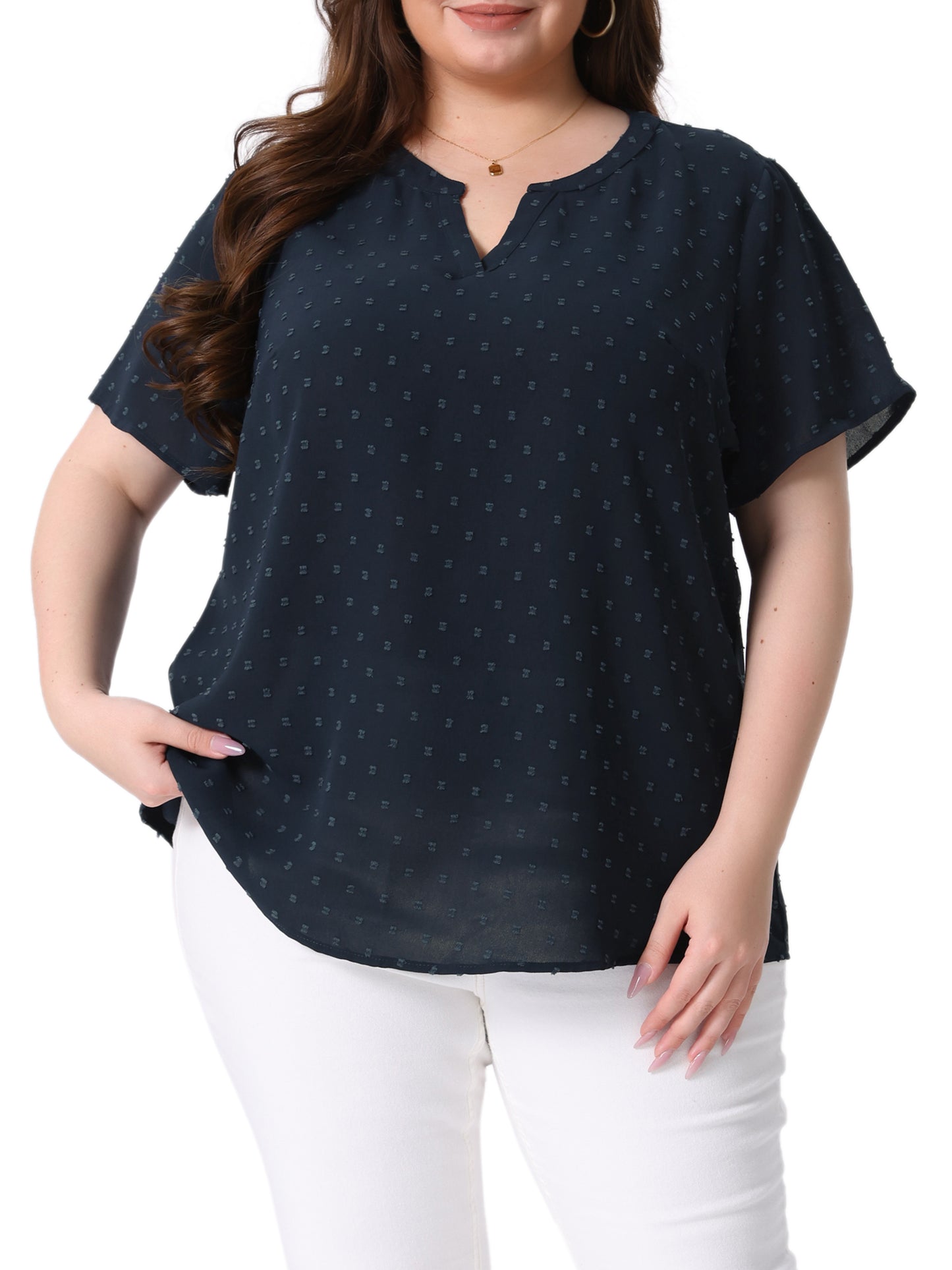 Women Plus Size Summer Top Swiss Dots Notched Neck Short Sleeve Blouse