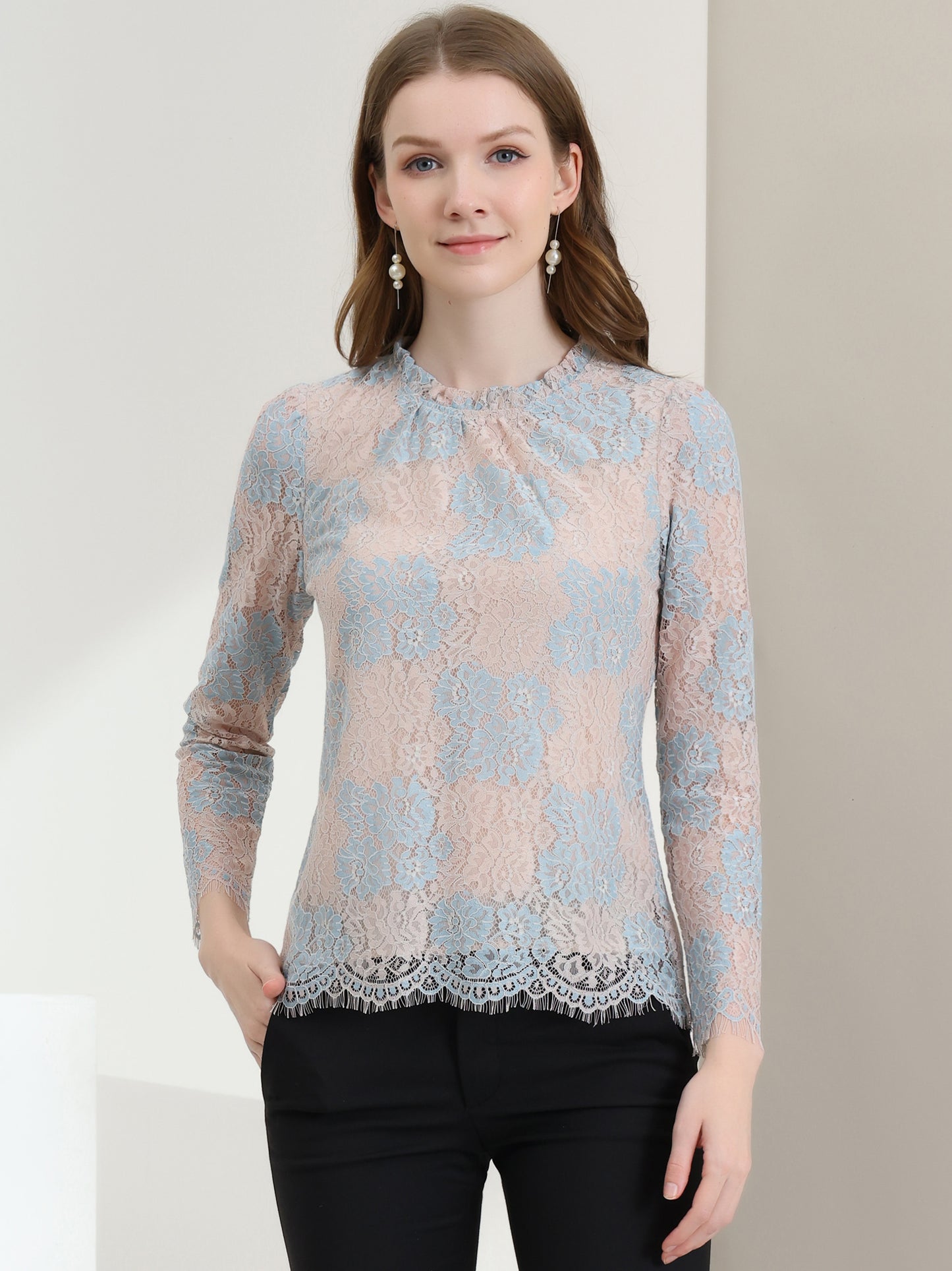 Blusa elegante de manga larga con encaje y peplum para mujer