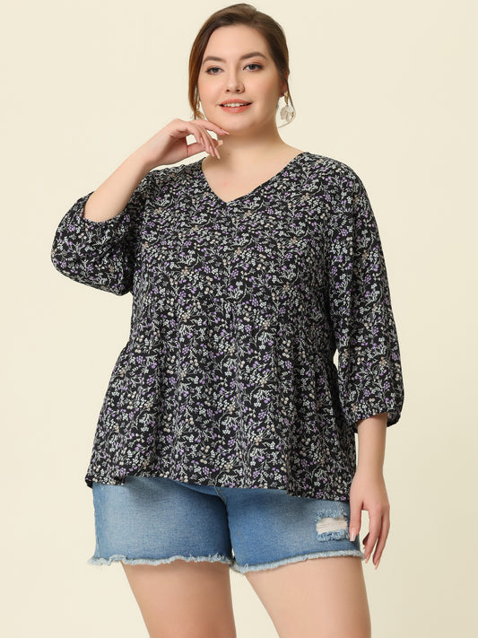 Women's Plus Size Top V Neck Babydoll Flowy 3/4 Lantern Sleeve Floral Blouse