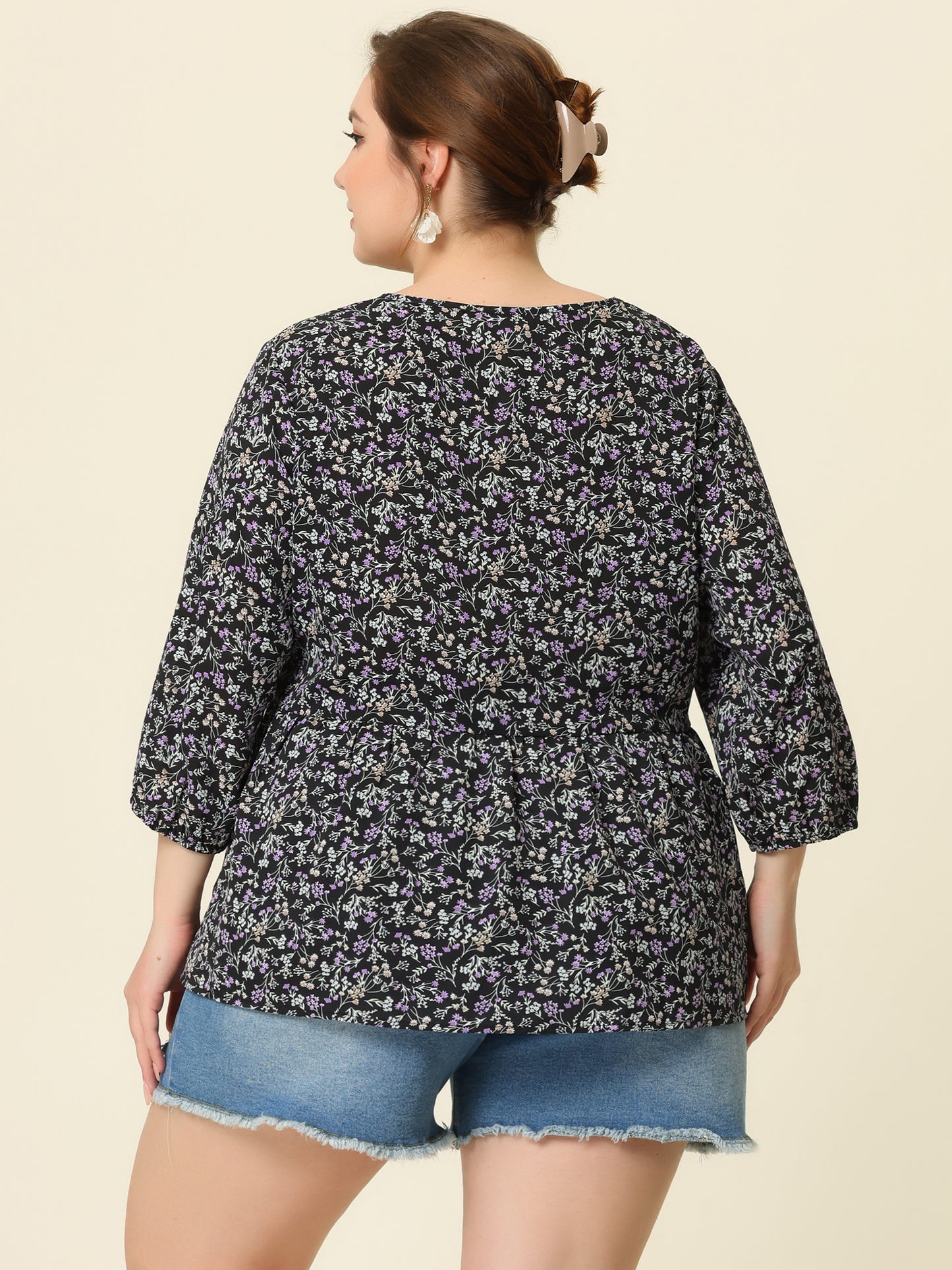Women's Plus Size Top V Neck Babydoll Flowy 3/4 Lantern Sleeve Floral Blouse
