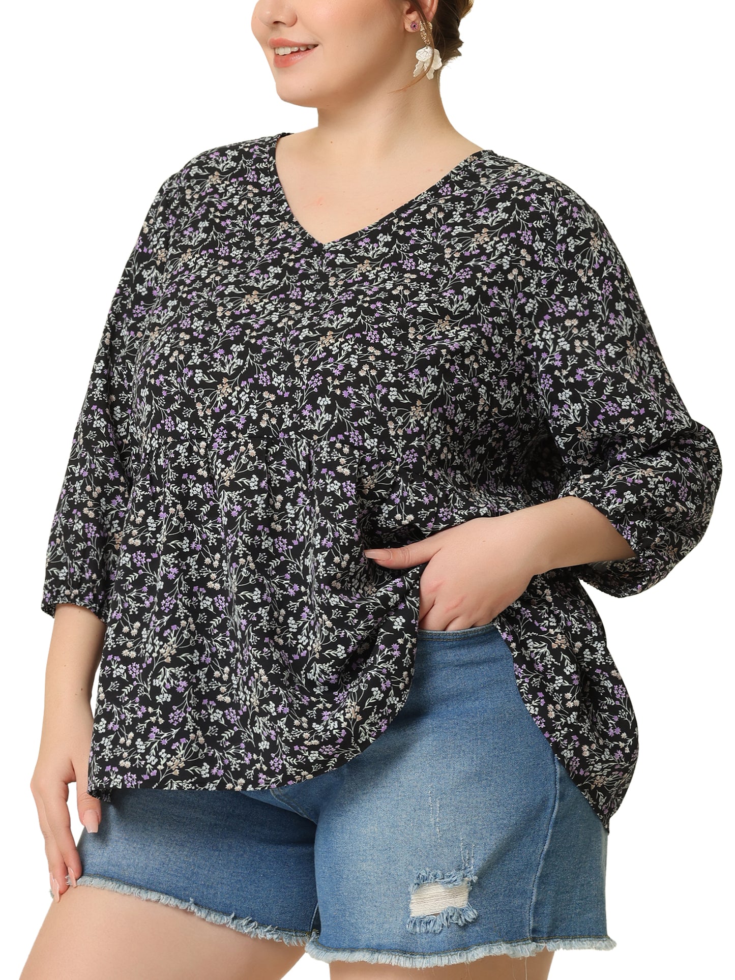 Women's Plus Size Top V Neck Babydoll Flowy 3/4 Lantern Sleeve Floral Blouse