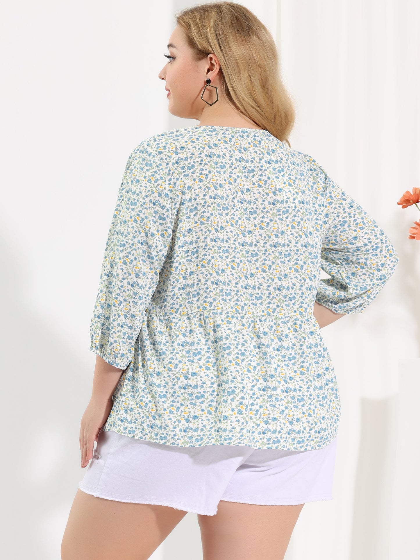 Women's Plus Size Top V Neck Babydoll Flowy 3/4 Lantern Sleeve Floral Blouse