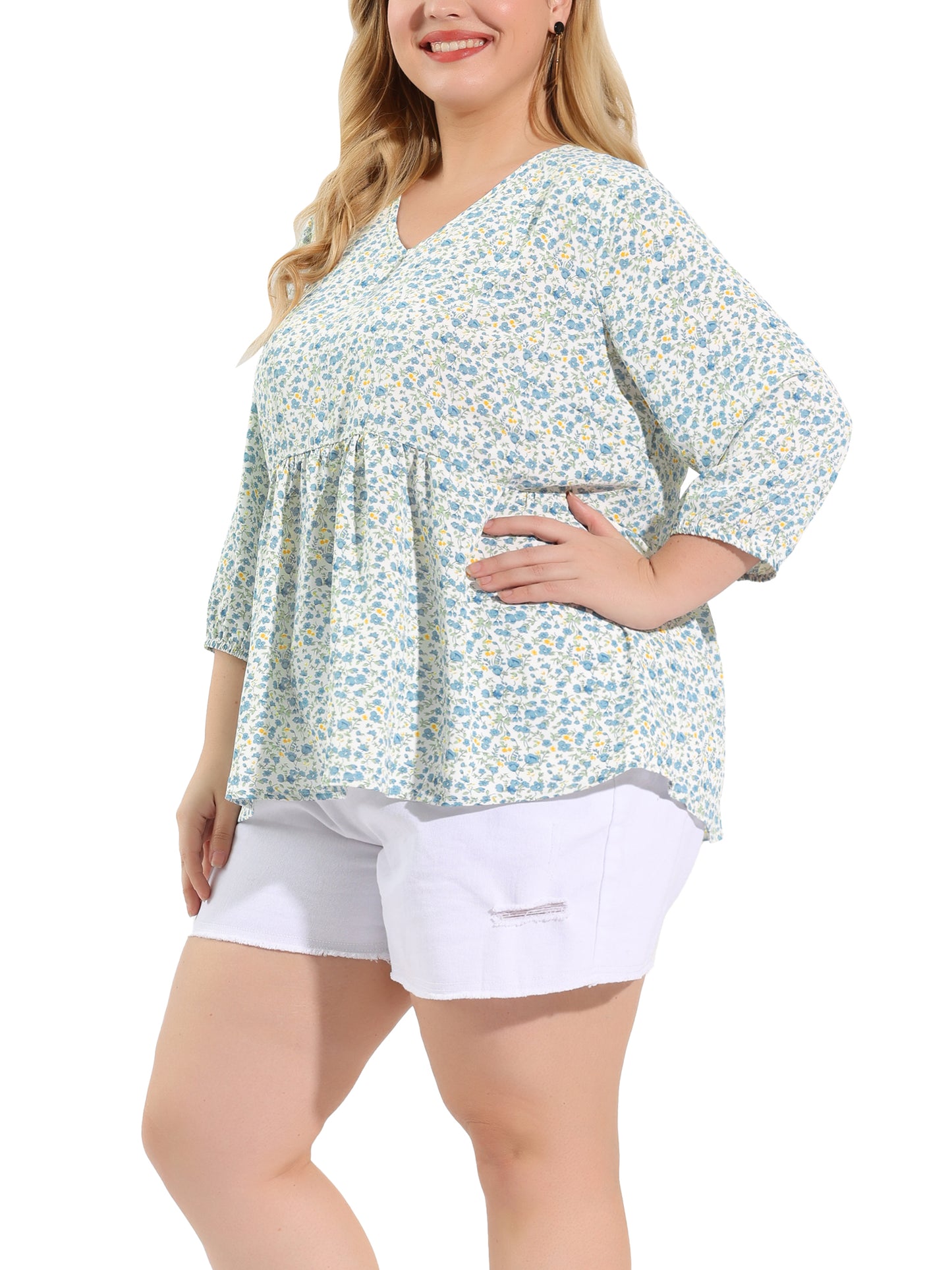 Women's Plus Size Top V Neck Babydoll Flowy 3/4 Lantern Sleeve Floral Blouse