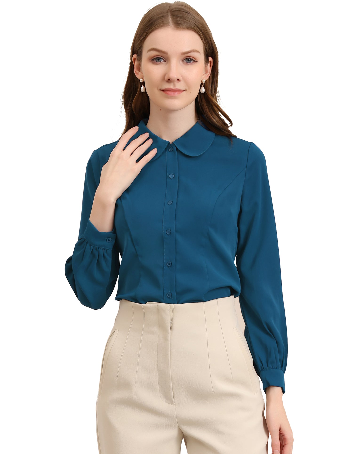 Women's Peter Pan Collar Blouse Business Casual Long Sleeve Button Down Work Shirt