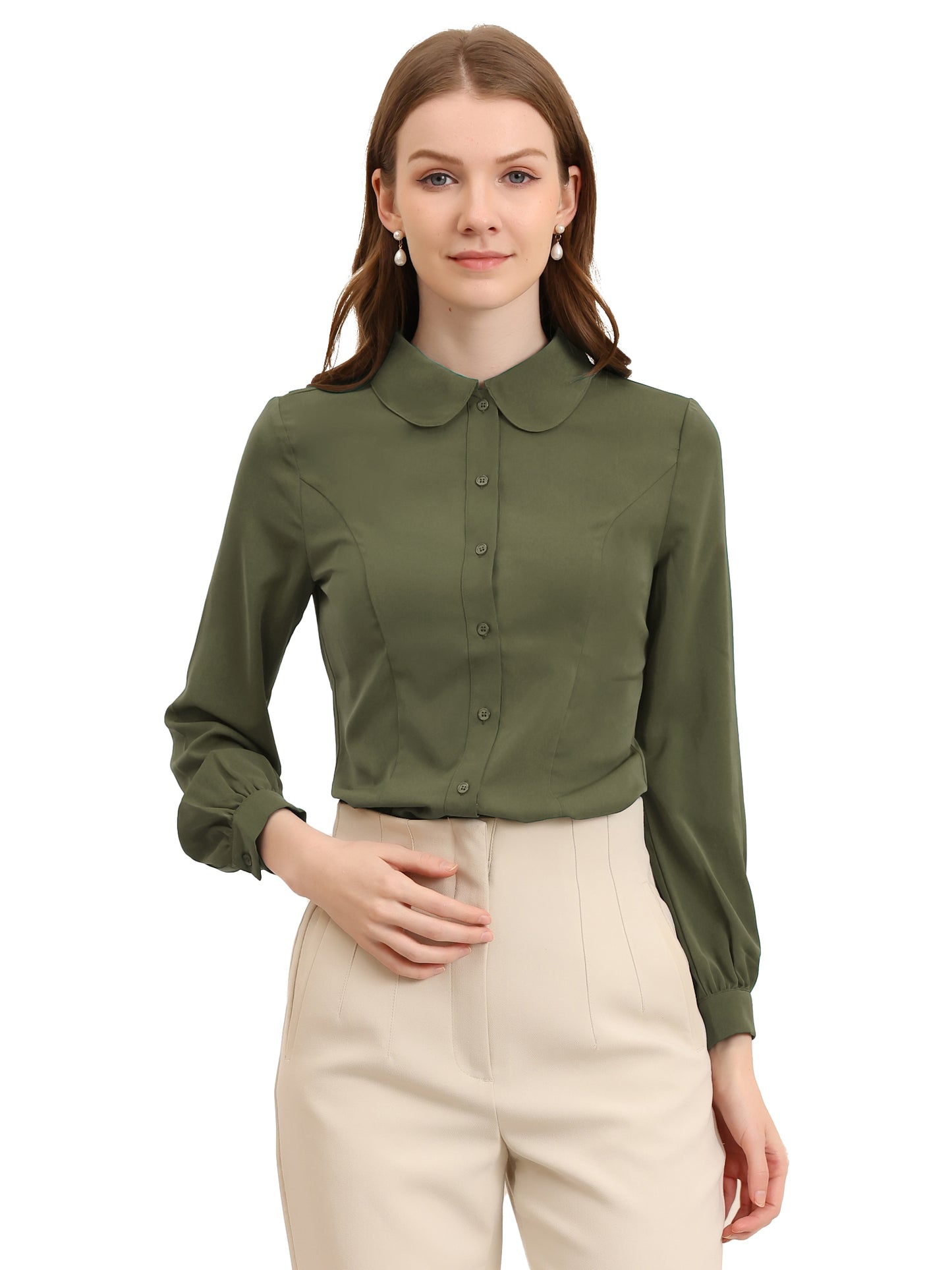 Women's Peter Pan Collar Blouse Business Casual Long Sleeve Button Down Work Shirt