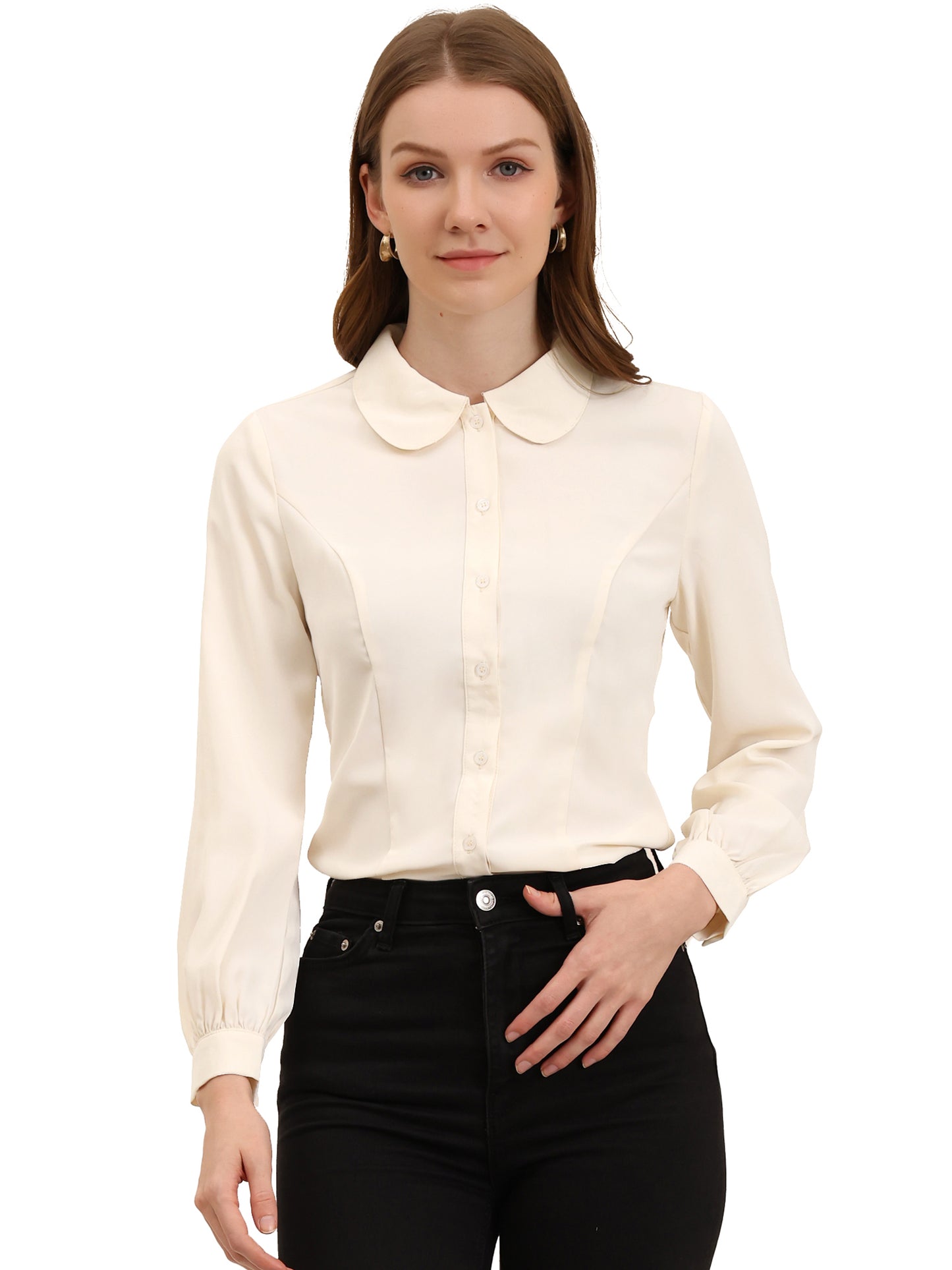 Women's Peter Pan Collar Blouse Business Casual Long Sleeve Button Down Work Shirt
