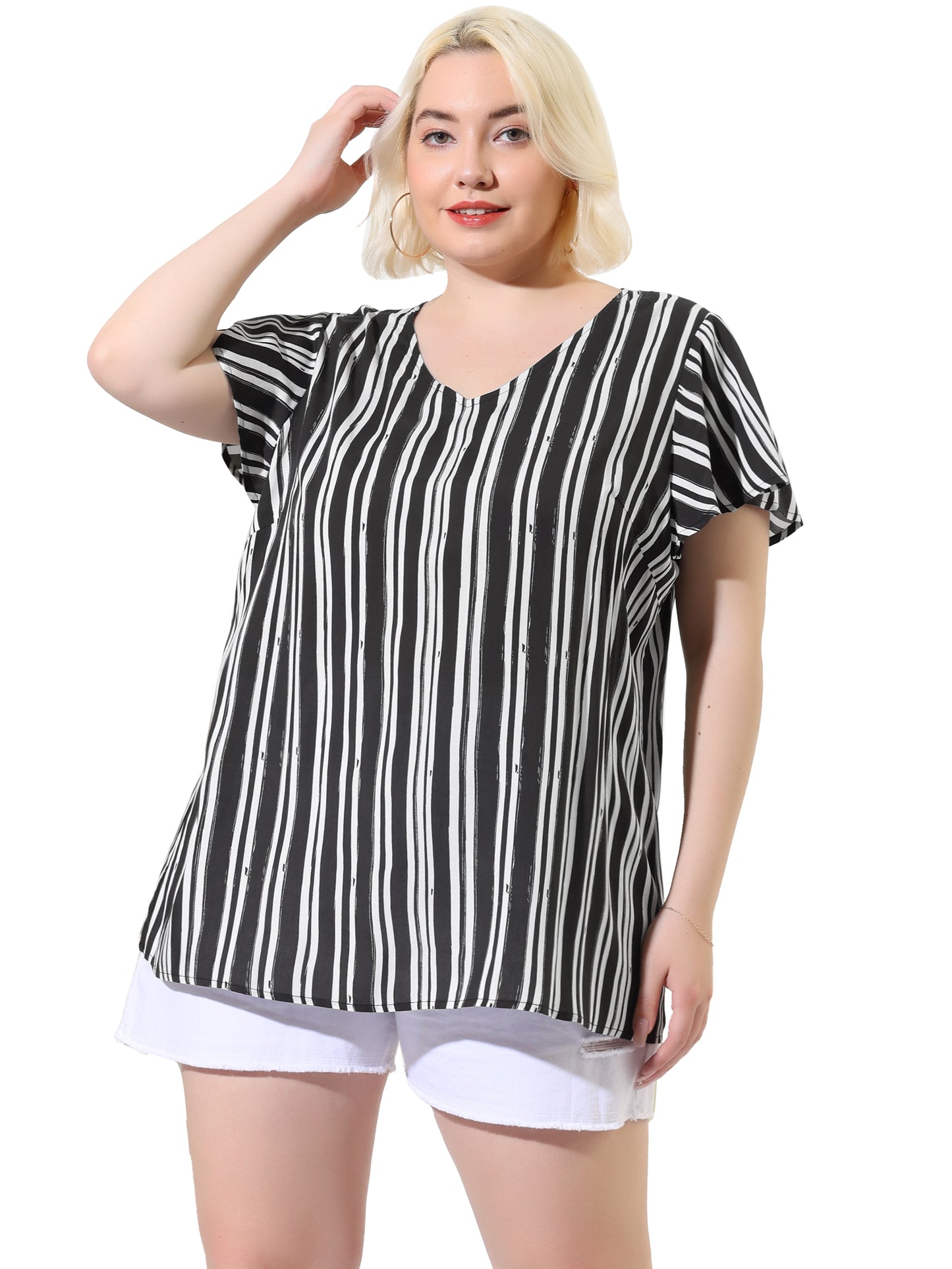 Women Plus Size Top Summer Short Sleeve V Neck Stripe Print Casual Blouse