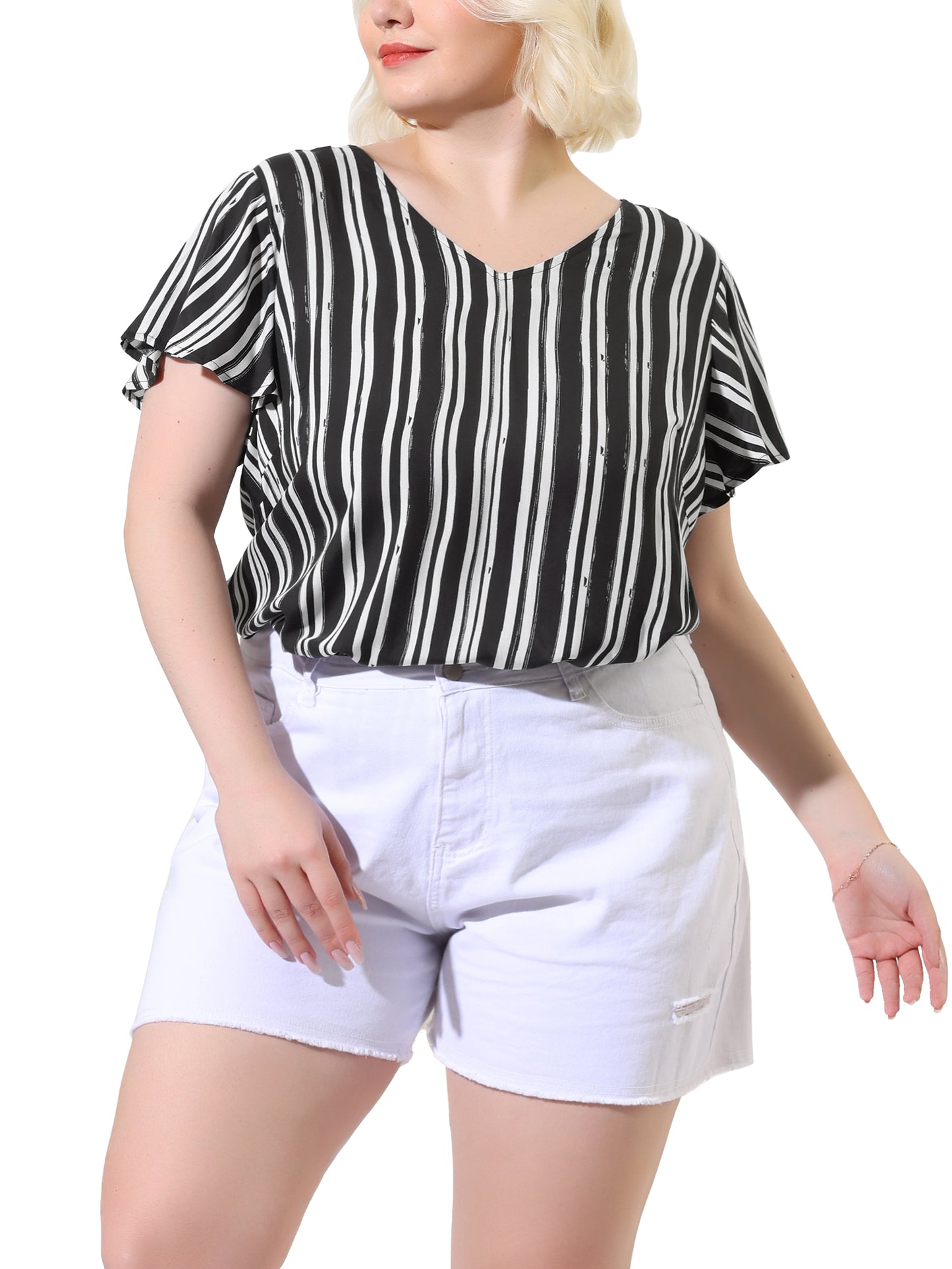 Women Plus Size Top Summer Short Sleeve V Neck Stripe Print Casual Blouse