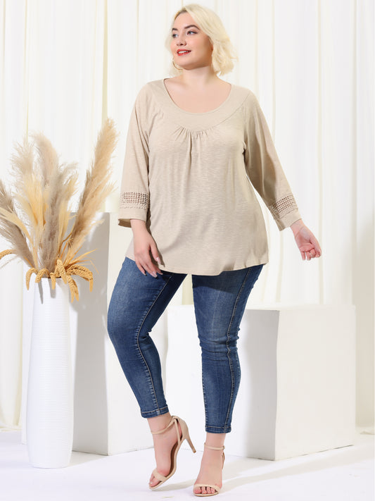 Women's Plus Size Tops Long Sleeve Crochet Panel Hollow Out Pleated Tunics Blouse