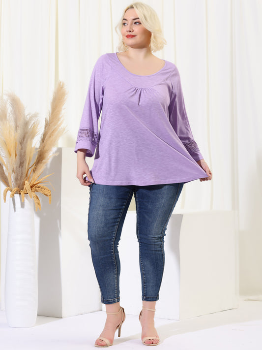 Women's Plus Size Tops Long Sleeve Crochet Panel Hollow Out Pleated Tunics Blouse