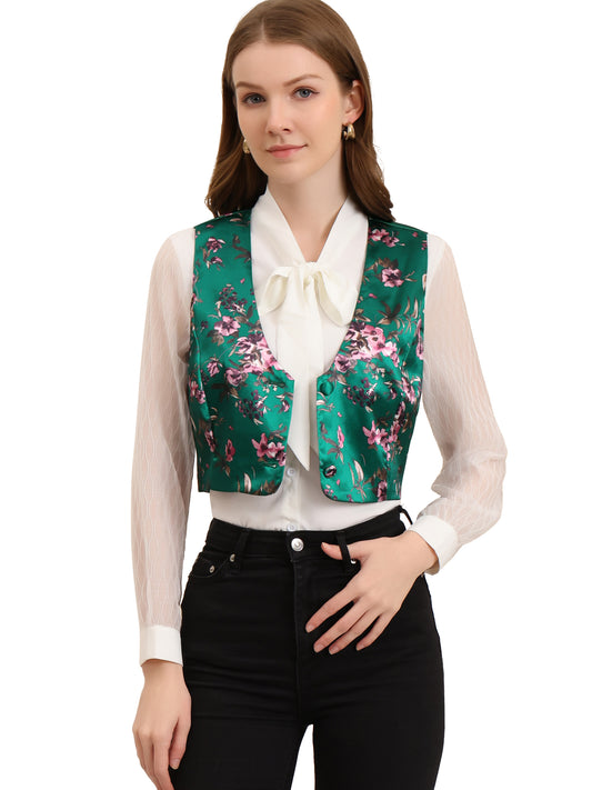 Women's Floral Pattern Vest Button Closure Cropped Satin Vintage Retro Waistcoat Vest