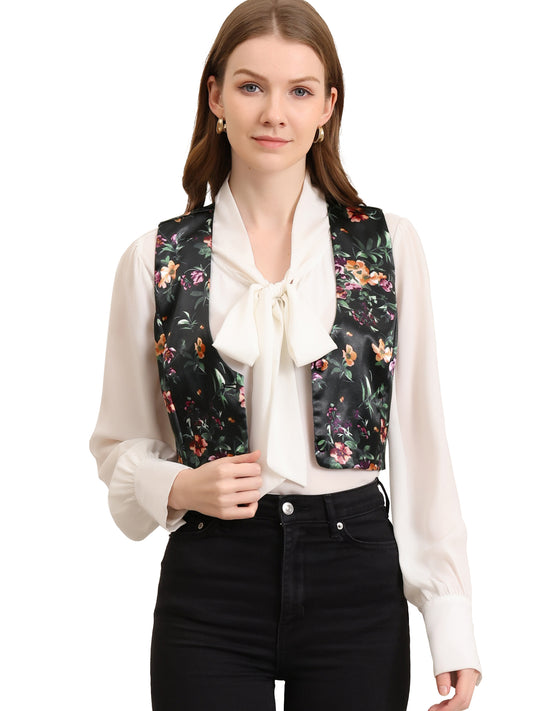 Women's Floral Pattern Vest Button Closure Cropped Satin Vintage Retro Waistcoat Vest