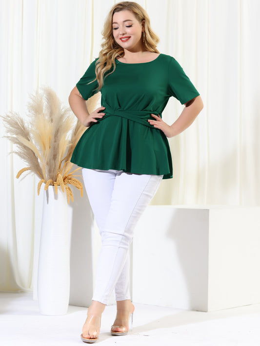 Women's Plus Size Short Sleeves Twisted Knot Front Peplum Top