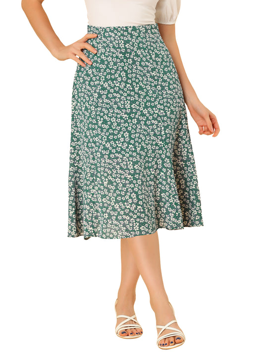 Women's Floral Midi Skirt Peasant Elastic Waist A-Line Ditsy Printed Skirts