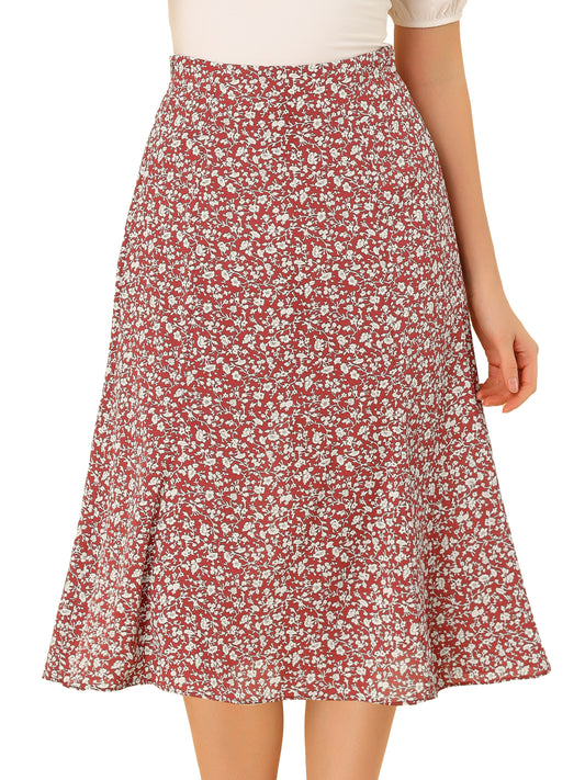 Falda midi floral para mujer, cintura elástica, corte A, estampado de florecitas