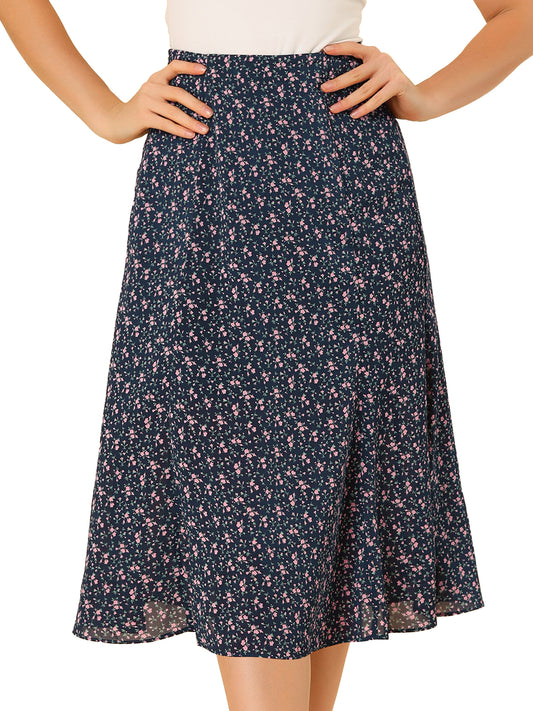 Women's Floral Midi Skirt Peasant Elastic Waist A-Line Ditsy Printed Skirts