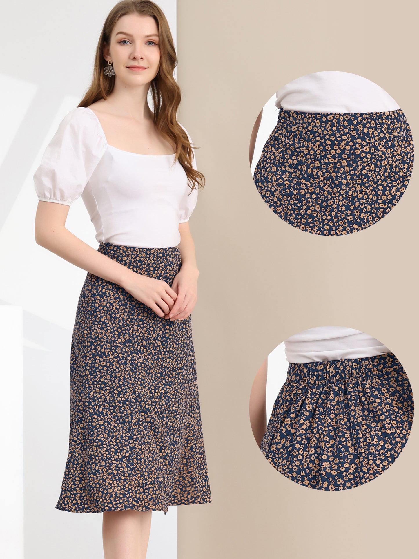 Women's Floral Midi Skirt Peasant Elastic Waist A-Line Ditsy Printed Skirts