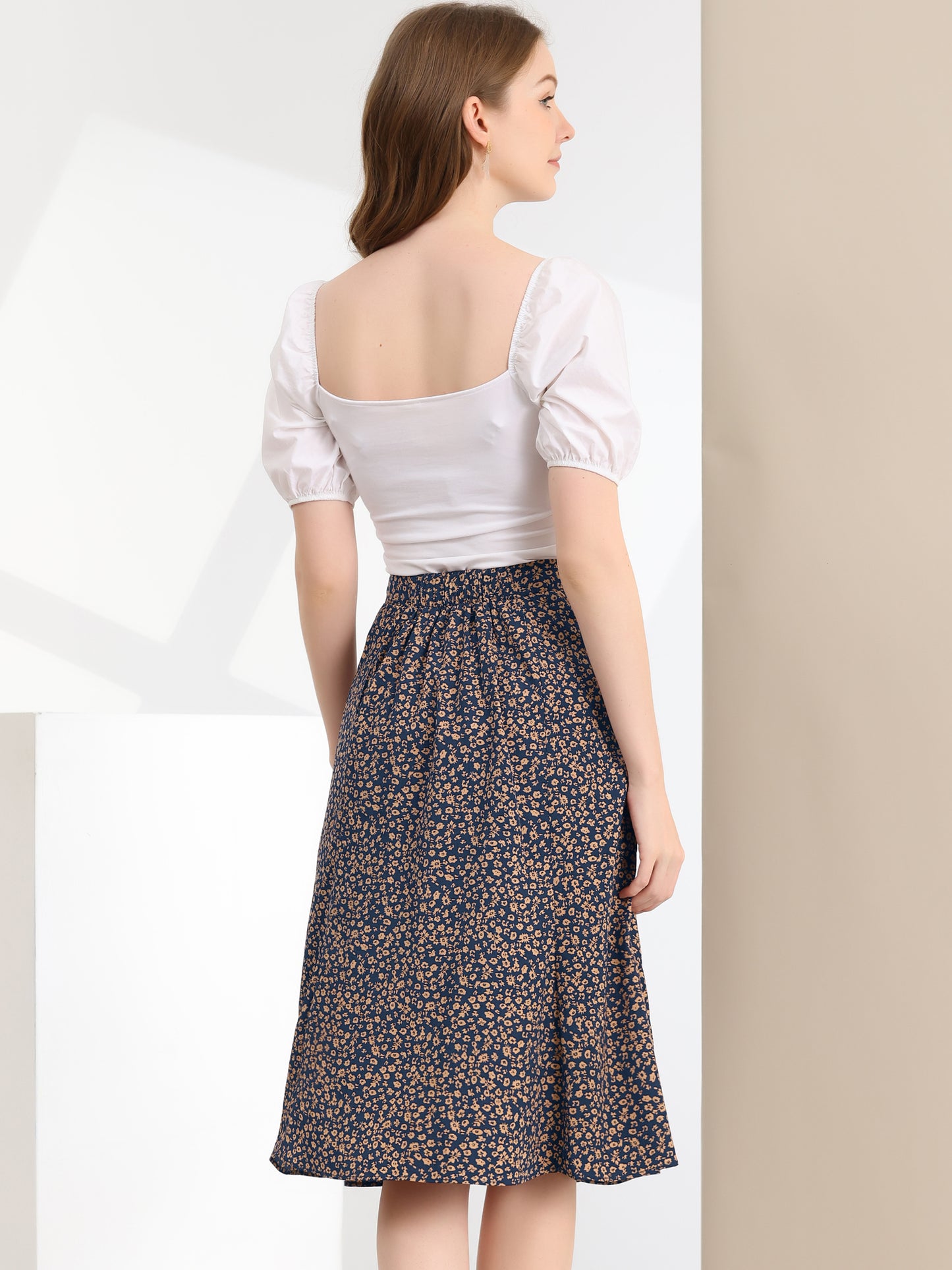 Women's Floral Midi Skirt Peasant Elastic Waist A-Line Ditsy Printed Skirts