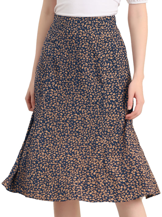 Women's Floral Midi Skirt Peasant Elastic Waist A-Line Ditsy Printed Skirts