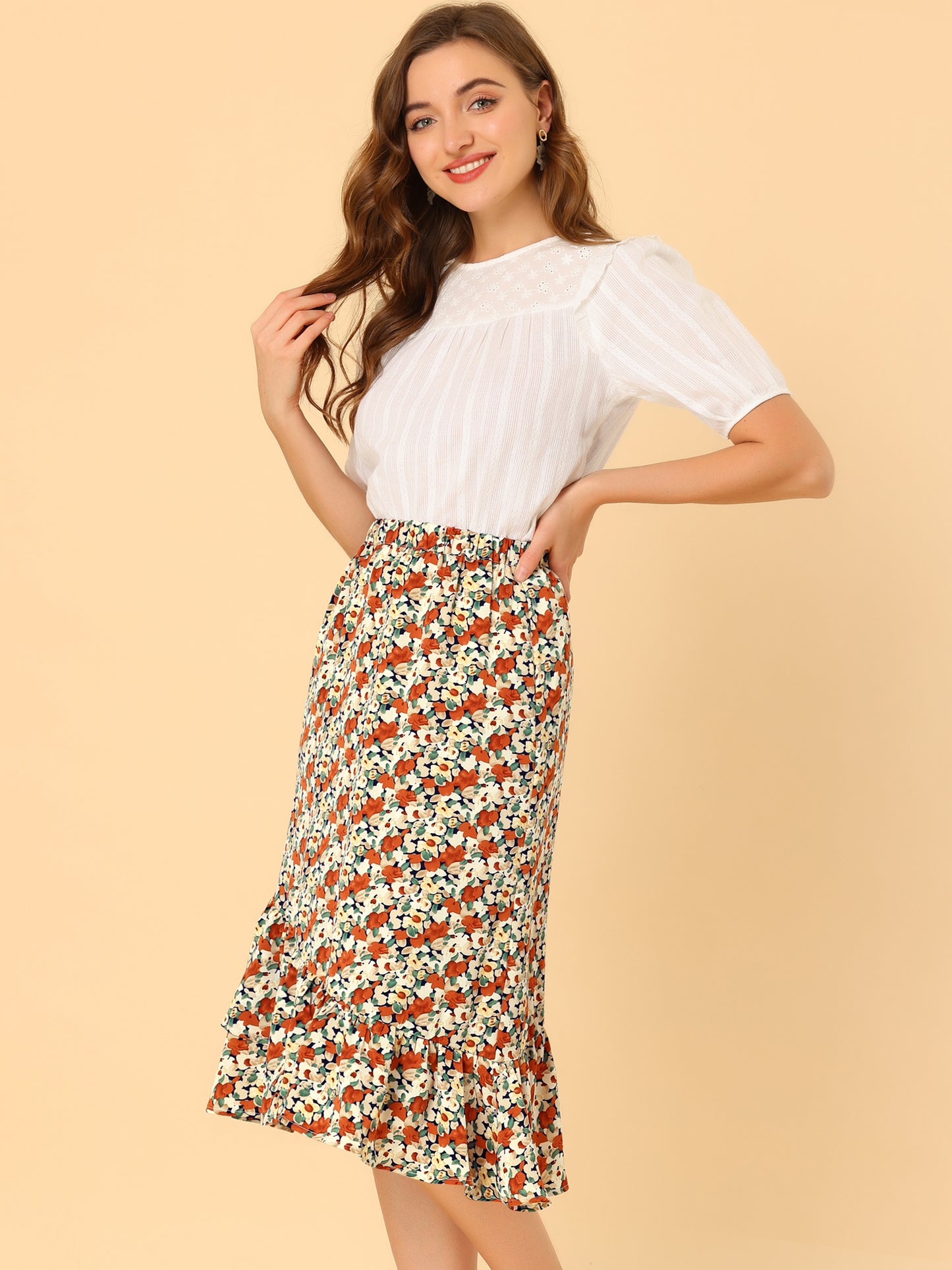Women's Summer Floral Skirt Elastic Waist High Low Ruffle Hem Midi Skirt