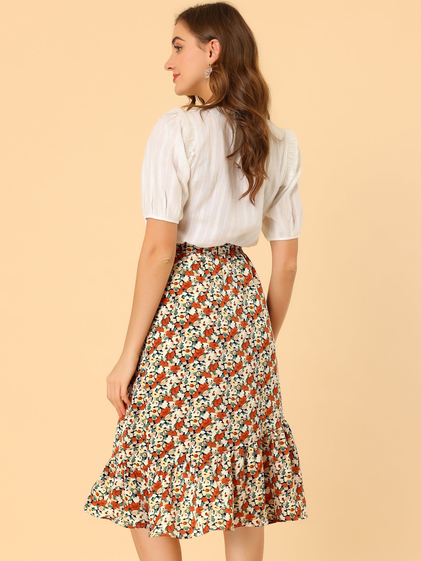 Women's Summer Floral Skirt Elastic Waist High Low Ruffle Hem Midi Skirt