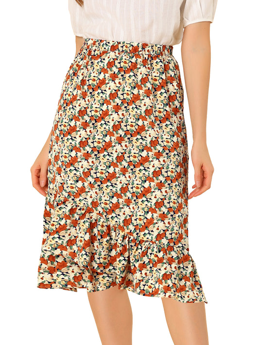 Women's Summer Floral Skirt Elastic Waist High Low Ruffle Hem Midi Skirt