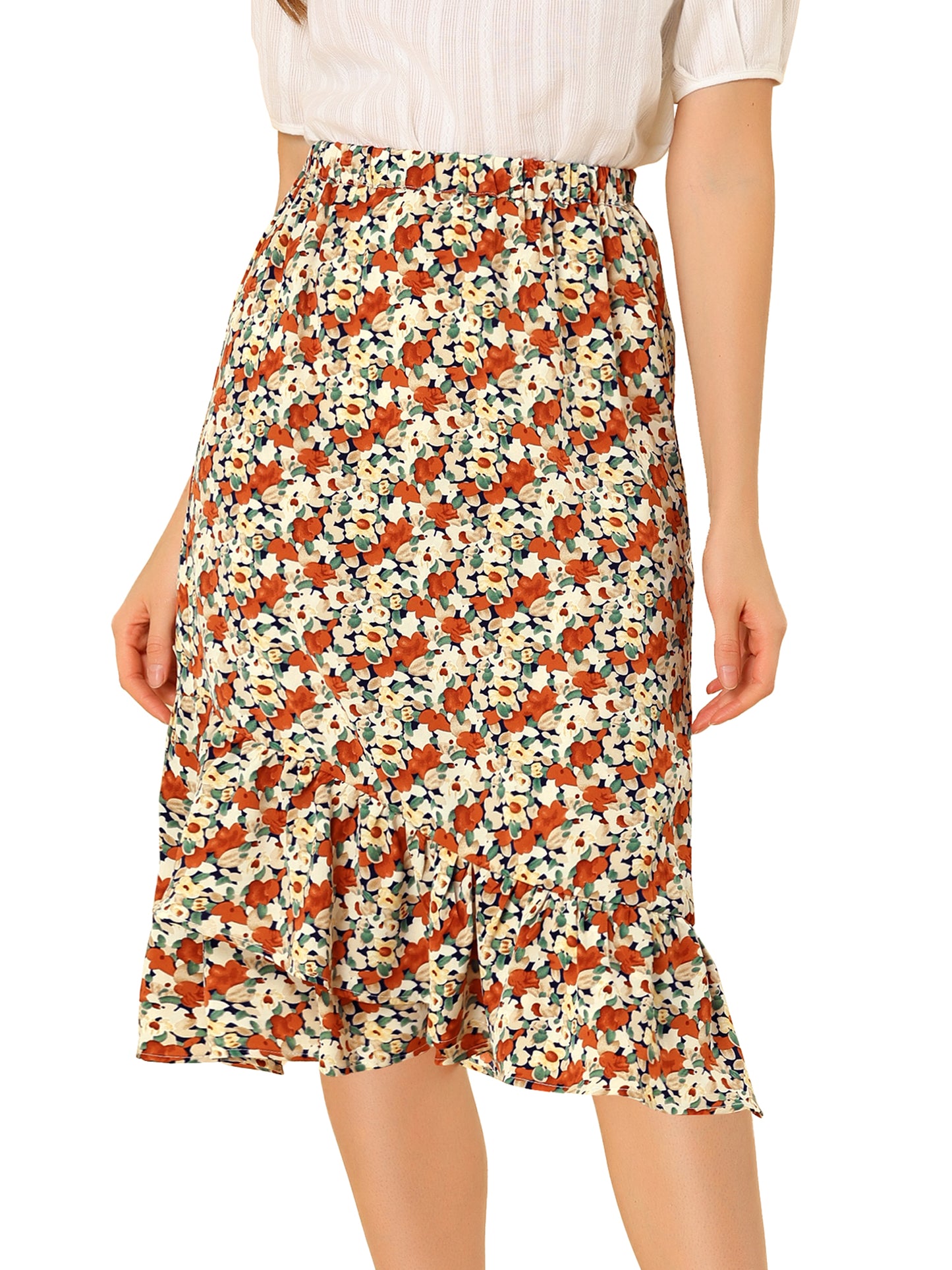 Women's Summer Floral Skirt Elastic Waist High Low Ruffle Hem Midi Skirt