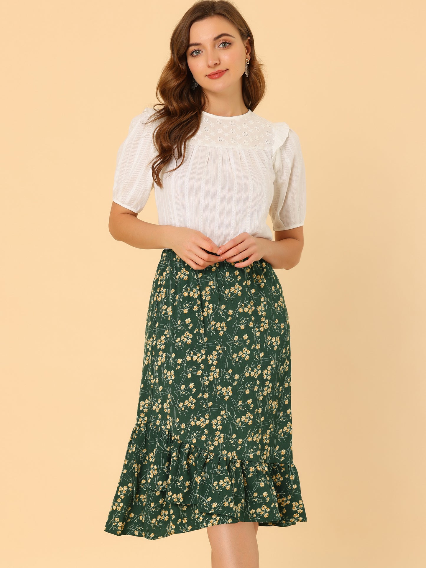 Falda floral de verano para mujer, cintura elástica, dobladillo alto y bajo con volantes, falda midi