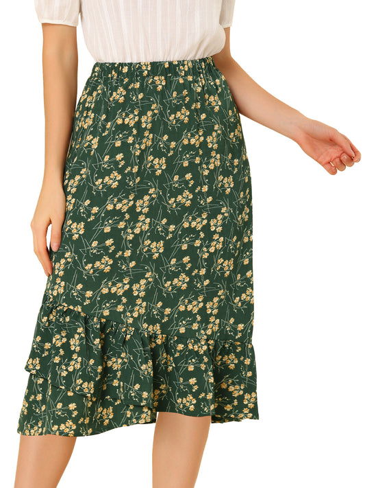 Falda floral de verano para mujer, cintura elástica, dobladillo alto y bajo con volantes, falda midi