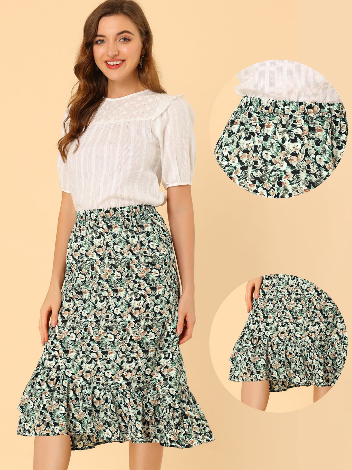 Women's Summer Floral Skirt Elastic Waist High Low Ruffle Hem Midi Skirt