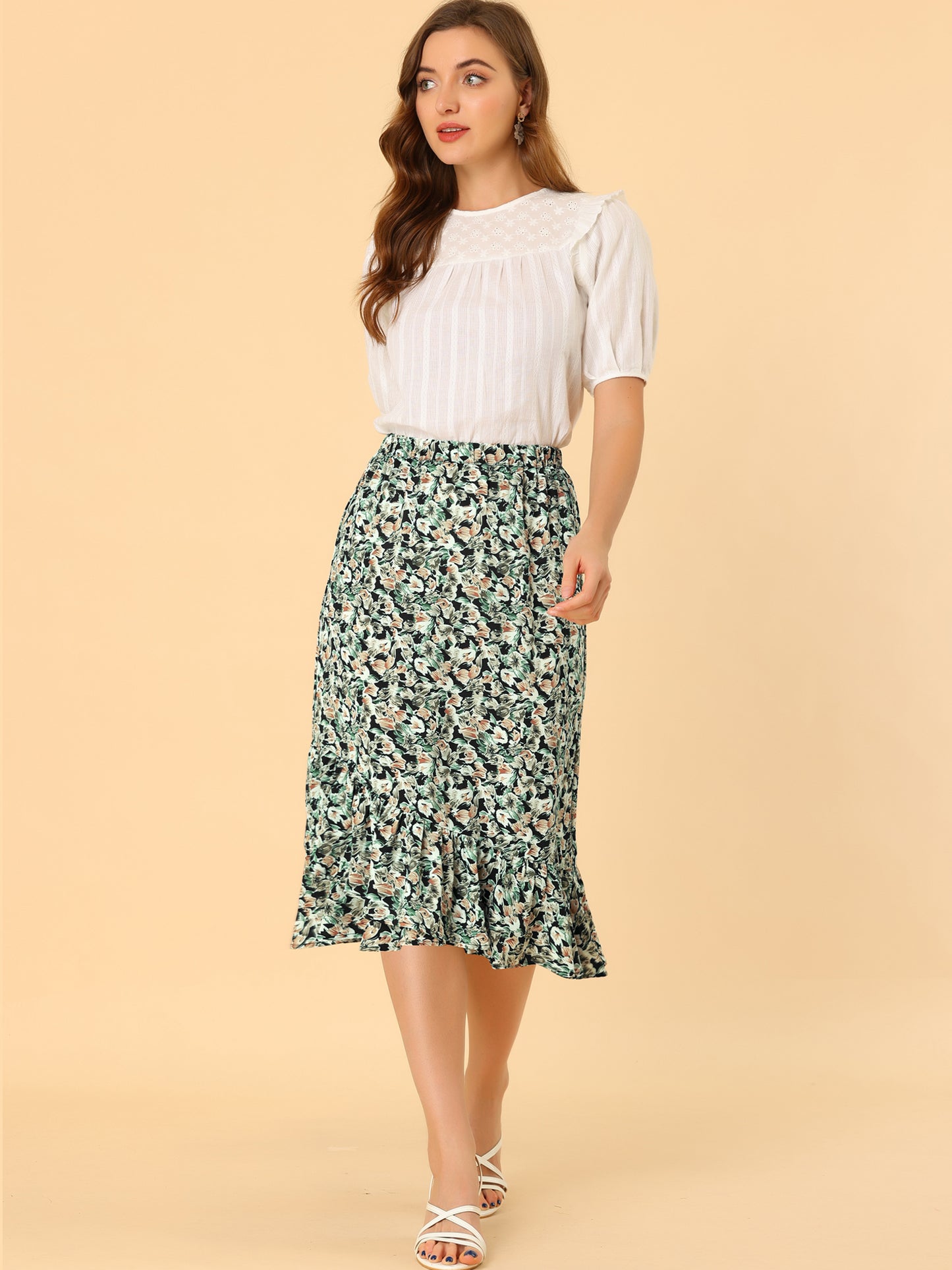 Women's Summer Floral Skirt Elastic Waist High Low Ruffle Hem Midi Skirt