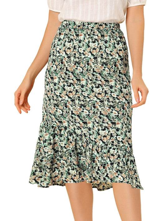 Falda floral de verano para mujer, cintura elástica, dobladillo alto y bajo con volantes, falda midi