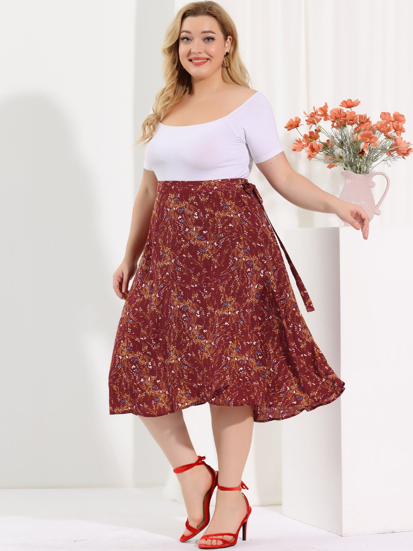 Women's Plus Size Boho Floral Wrap A Line Midi Chic Ruffled Hem High Waisted Skirt