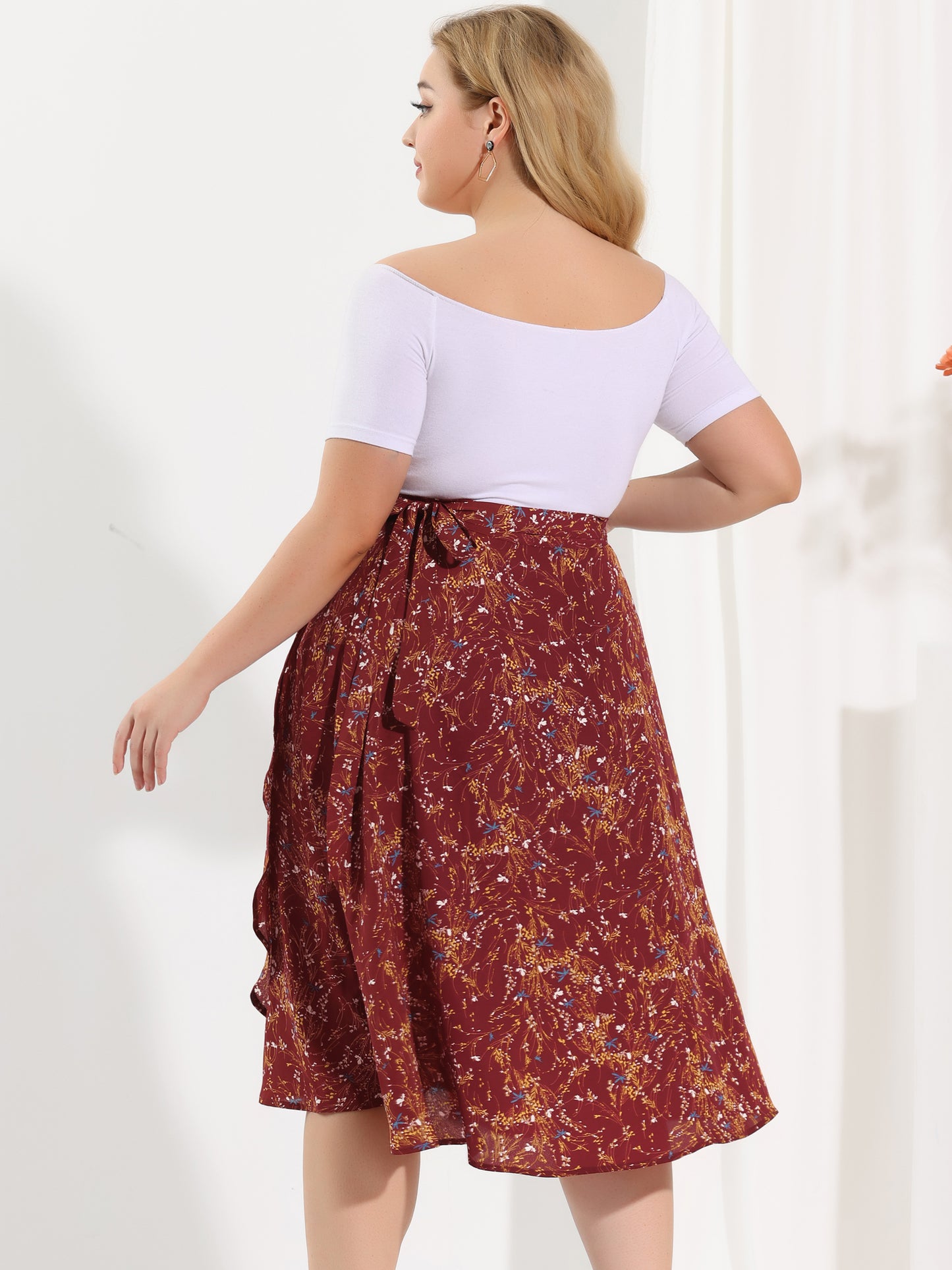 Women's Plus Size Boho Floral Wrap A Line Midi Chic Ruffled Hem High Waisted Skirt