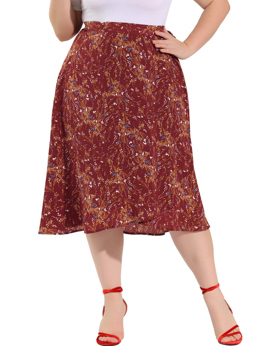 Women's Plus Size Boho Floral Wrap A Line Midi Chic Ruffled Hem High Waisted Skirt