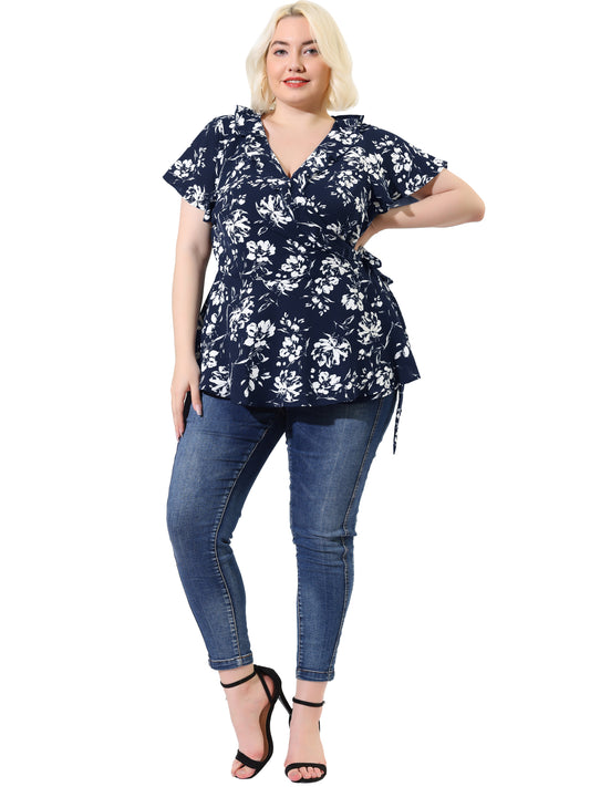 Women Plus Size Wrap V Neck Tie Waist Ruffle Sleeve Blouse Summer Floral Top