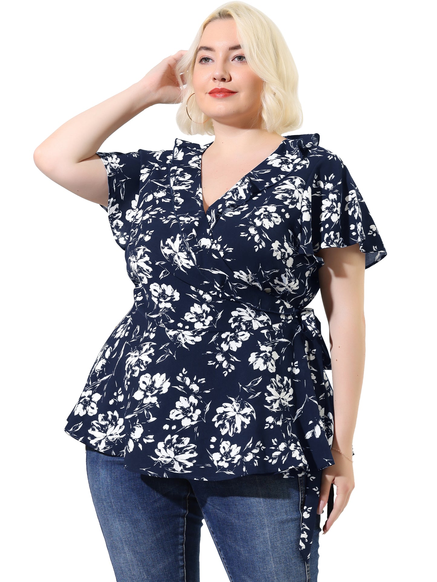 Women Plus Size Wrap V Neck Tie Waist Ruffle Sleeve Blouse Summer Floral Top